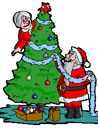 Santa and Mrs. Claus decorating the Christmas tree